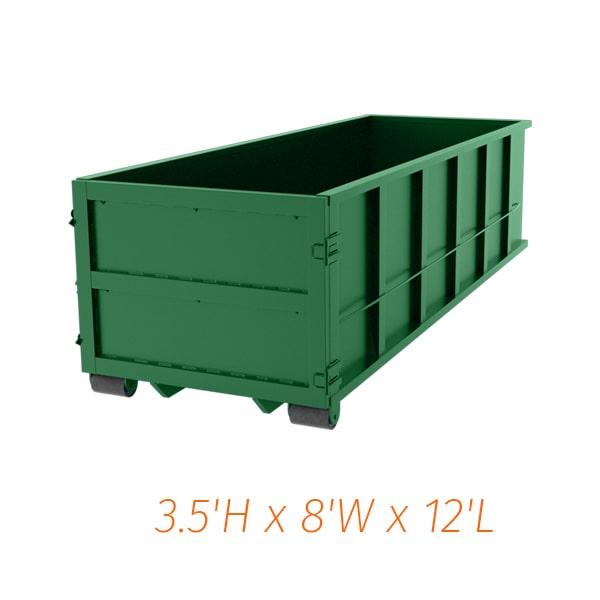 the 10-yard dumpsters are 12 feet long, 8 feet wide, and 5 feet tall